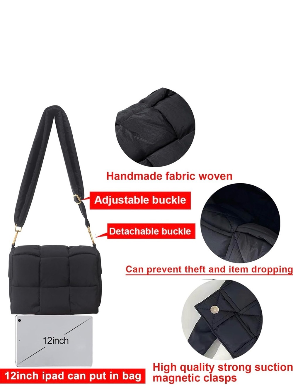 Quilted Puffer Crossbody Bag in Black - Picture 3 of 4